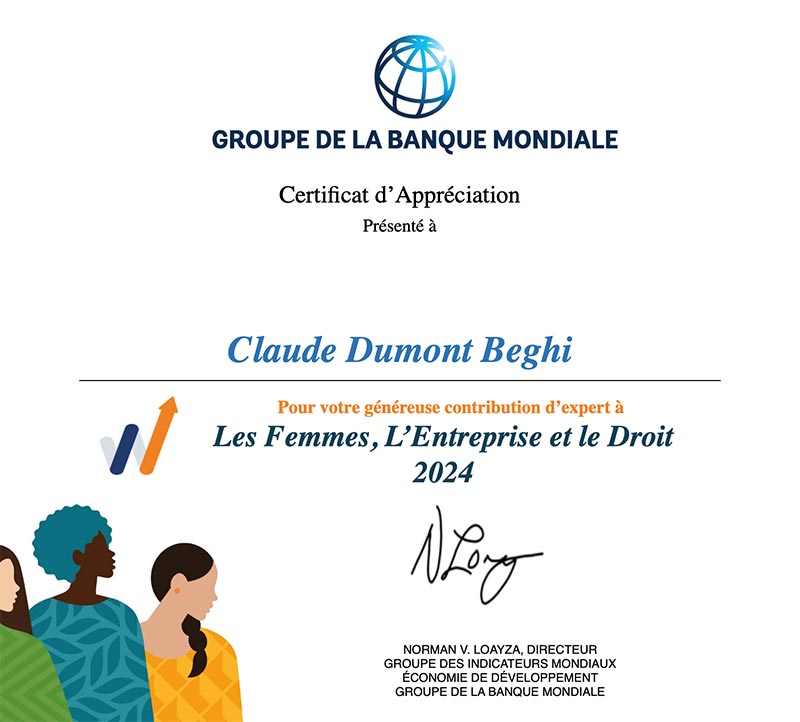 Certificat Claude Dumont Beghi Banque Mondiale 2024